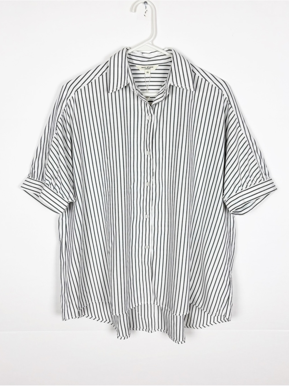 Max Studio Top Striped Button Up Gray White Short Sleeve Size XS
